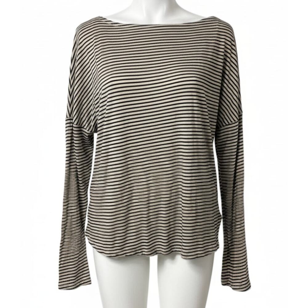 MOD REF Shirt Women Size M Beige Gray Cotton Striped Long Sleeve Lightweight